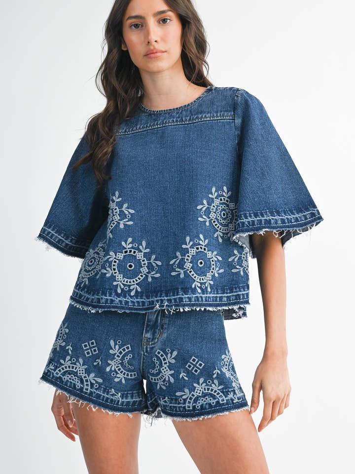 BRODERAD JEANSTOPP OCH SHORTSSET - CJS26401 för wholesale av Camellia