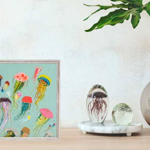 Floating Jellyfish Aqua Mini Framed Canvas for wholesale by GreenBox Art