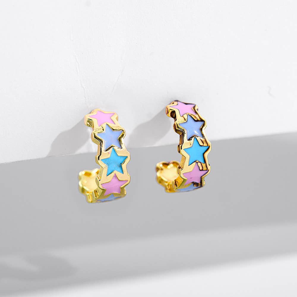 Koko and Lola - Wholesale Huggie Earrings - Bella Star Decorated Enamel Huggie Hoop Earrings0