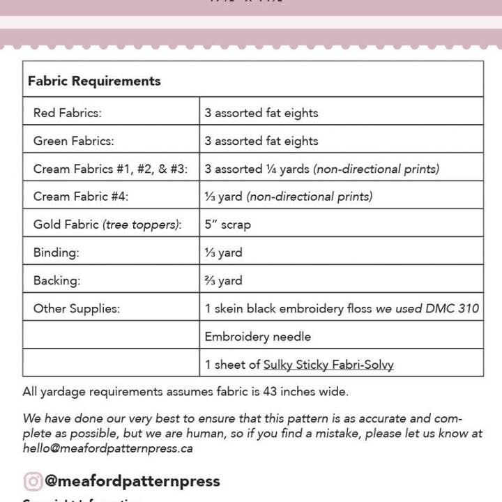 Meaford Pattern Press - Wholesale DIY Craft Kit - Gloria Table Runner Quilt Pattern - printed1