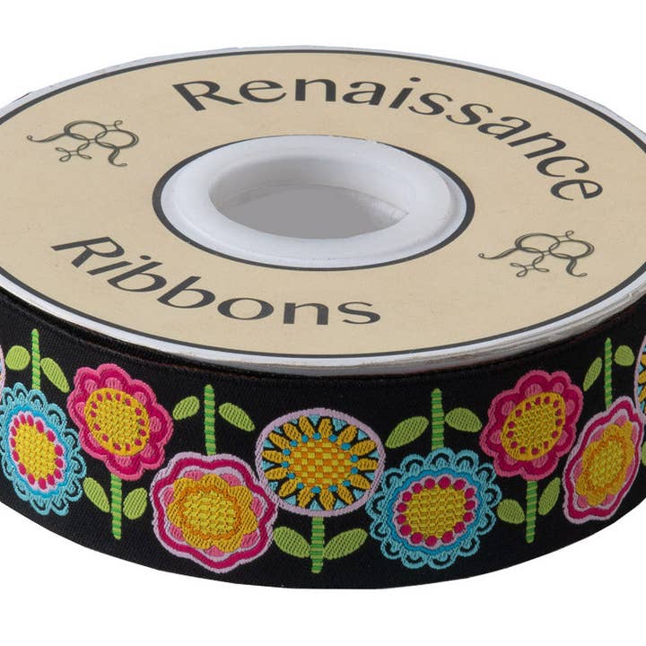 Rangée de fleurs hippie sur fond noir par Mary Engelbreit - 1-1/2" de large - bobine de 50 yd pour la vente par Renaissance Ribbons