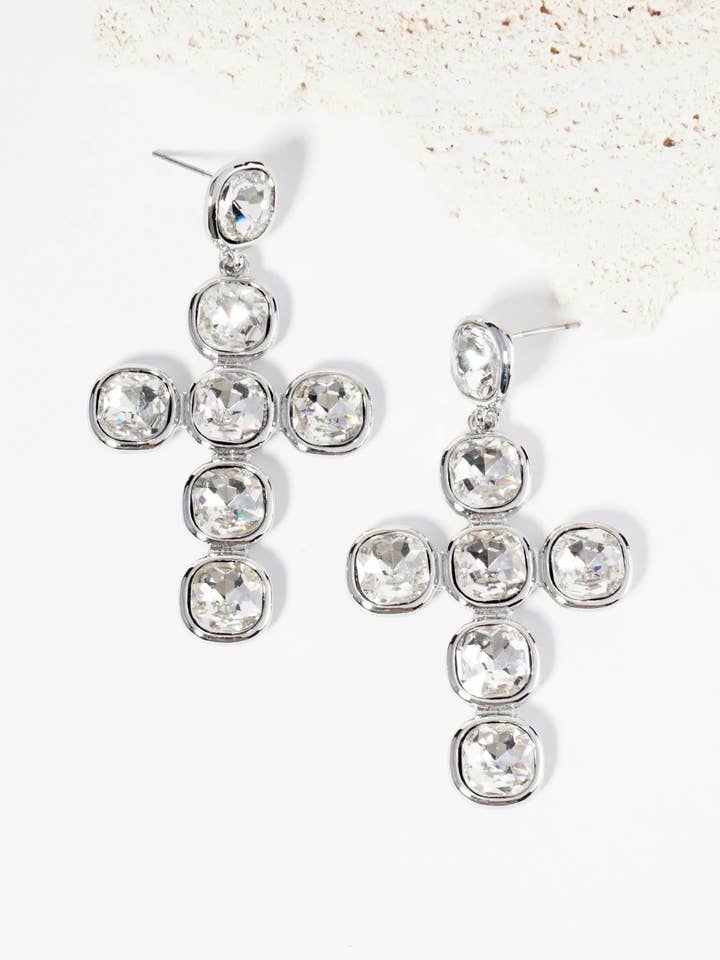 Crystal Bold Drop Cross Earrings for wholesale by Wild Honey