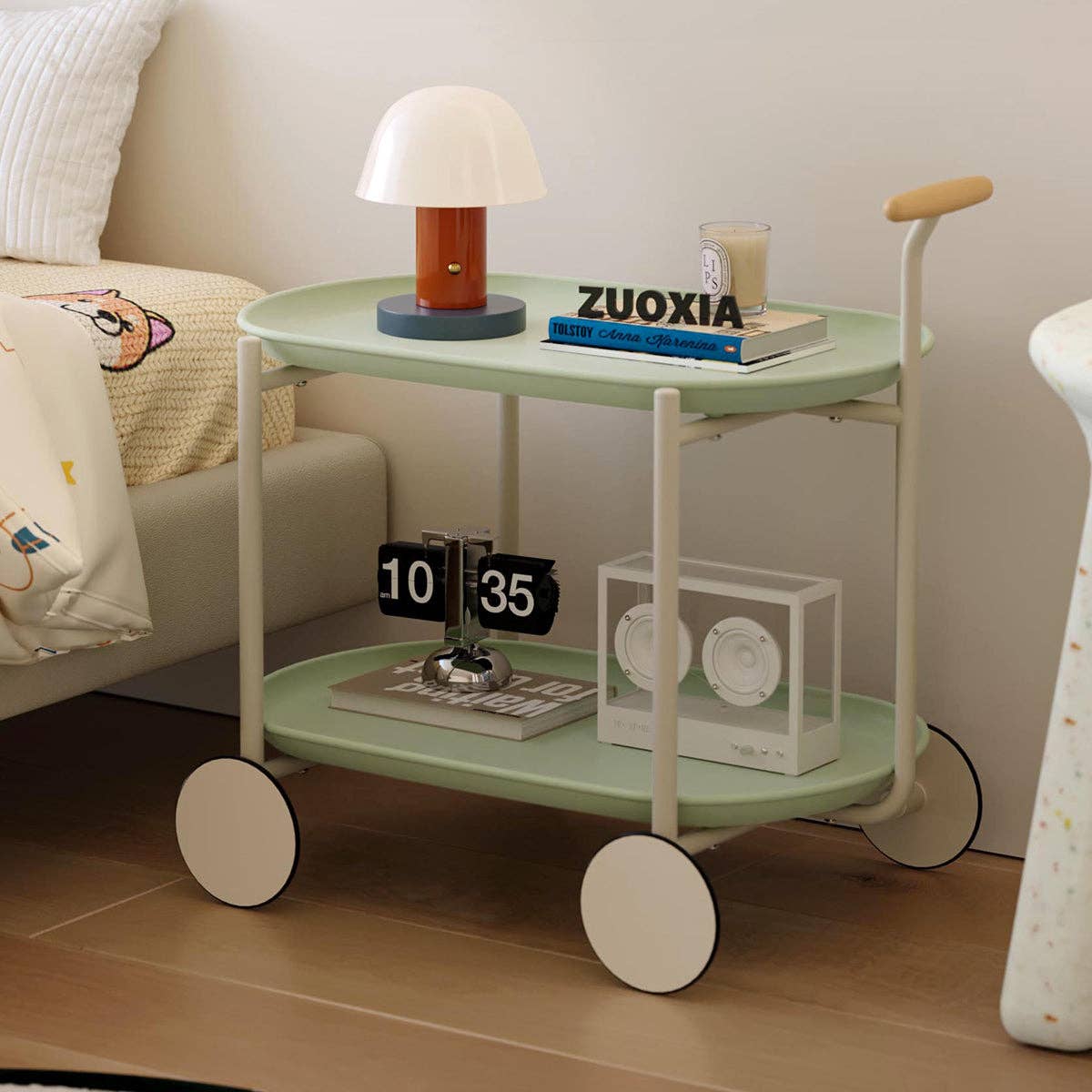 39F Inc. - Wholesale Bar Cart - Green Nordic Moon Storage Cart - Mobile Double Shelf2