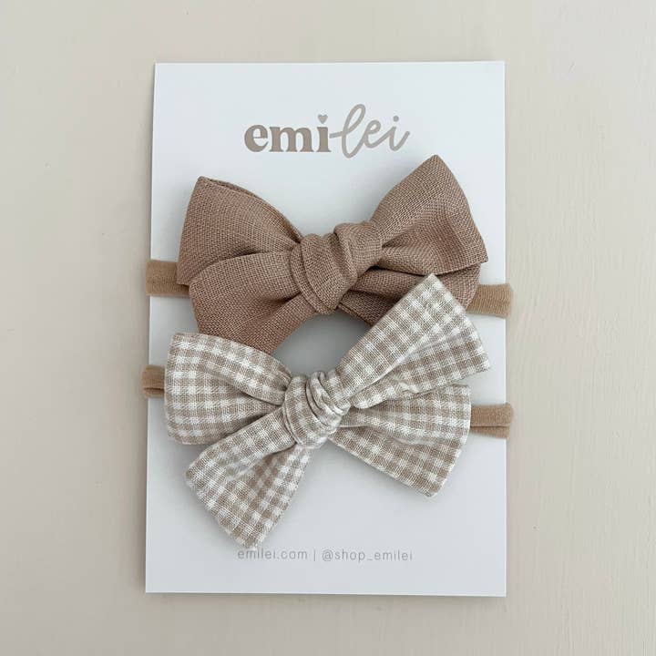 Nylon Stretchy Bow Headband Set - Taupe Linen/Mini Chk (#3) for wholesale by Emi Lei