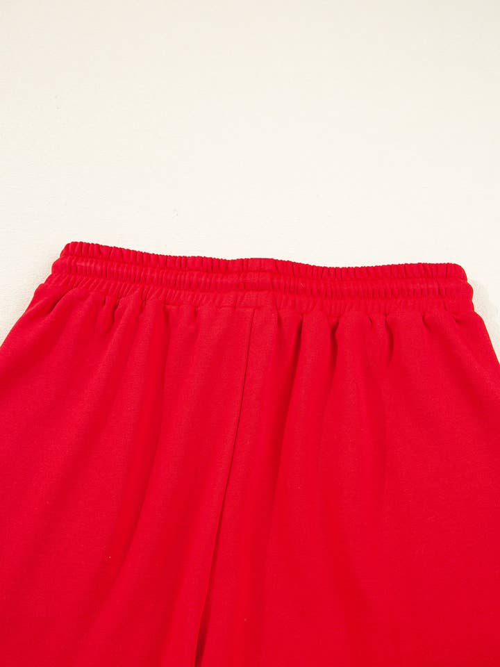 Fiery Red Varsity Striped Sleeve Drop Shoulder Sweatshirt and Short Set for wholesale on Faire11