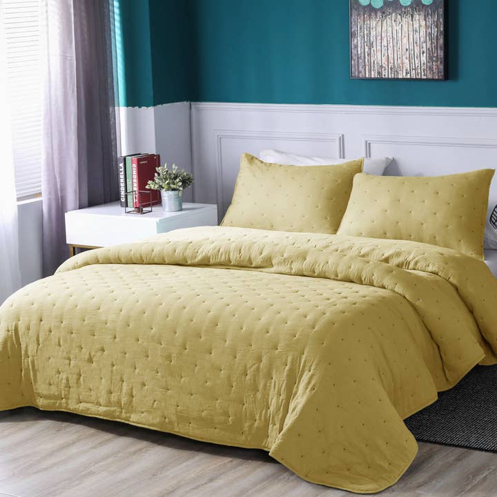 Kasentex - Wholesale Bedding Set - Bedding Set Microfiber Dot Stitch Stone Washed Quilt Set
