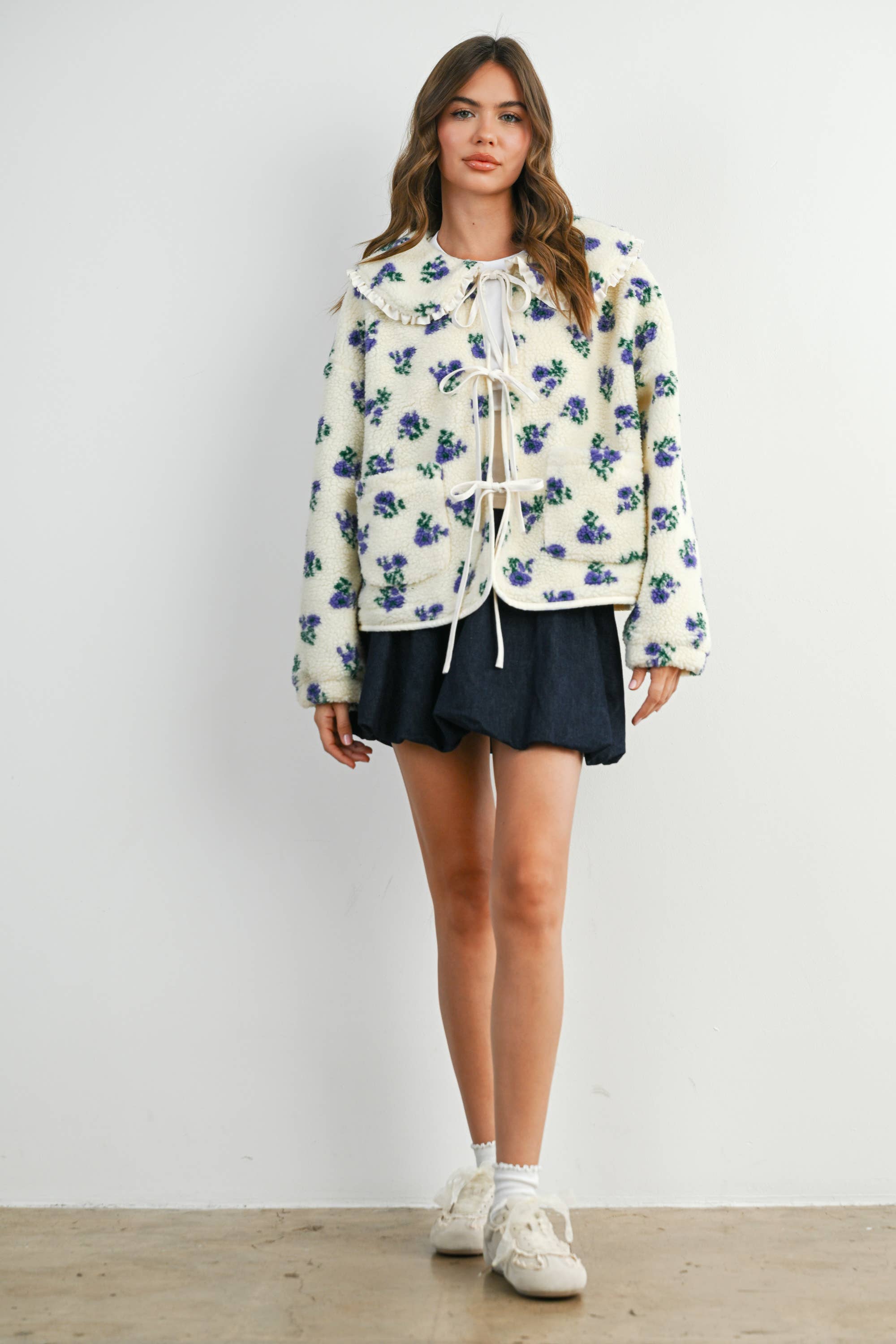 BUTTERMELON - Wholesale Jacket - Women's - Floral Puffy Tie-Front Long Sleeve Jacket - BMJ78410