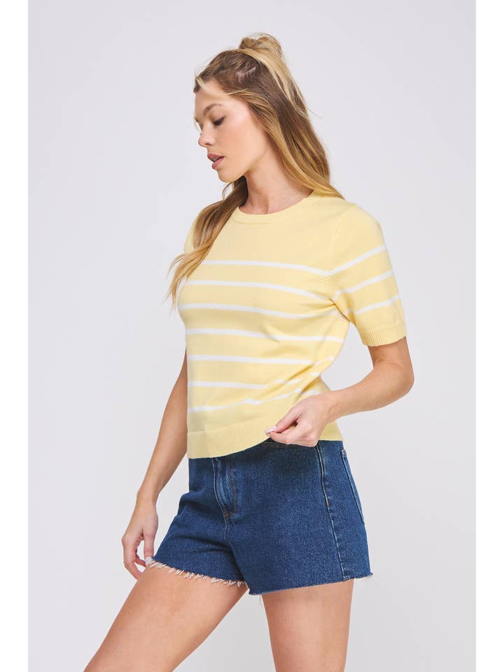 Allie Rose - Wholesale Knit Top - Women's - Soft Fine Gauge Short Slv Preppy Striped Top