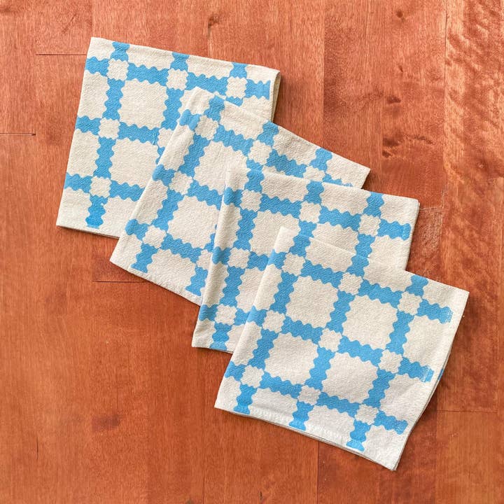 Bright Beige - Wholesale Dinner & Cloth Napkin - Natural Cotton Cloth Napkins, Sky Blue Party Time Plaid
