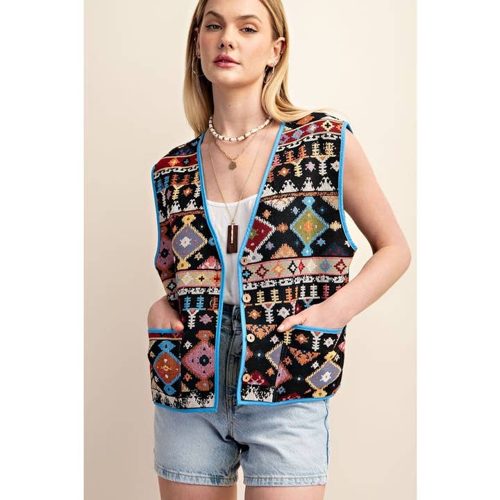 STYLE USA - Wholesale Outerwear Vest - Women's - Geometric Contrast Binding Vest