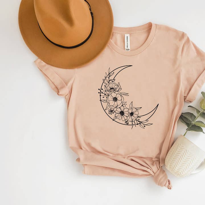KM Clothing - Wholesale Screen Printed T-Shirt - Unisex - Floral Crescent Moon T-Shirt0