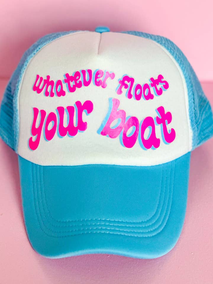 WHATEVER FLOATS YOUR BOAT TRUCKER HAT - BLUE for wholesale by BusyBeesPartyCo.