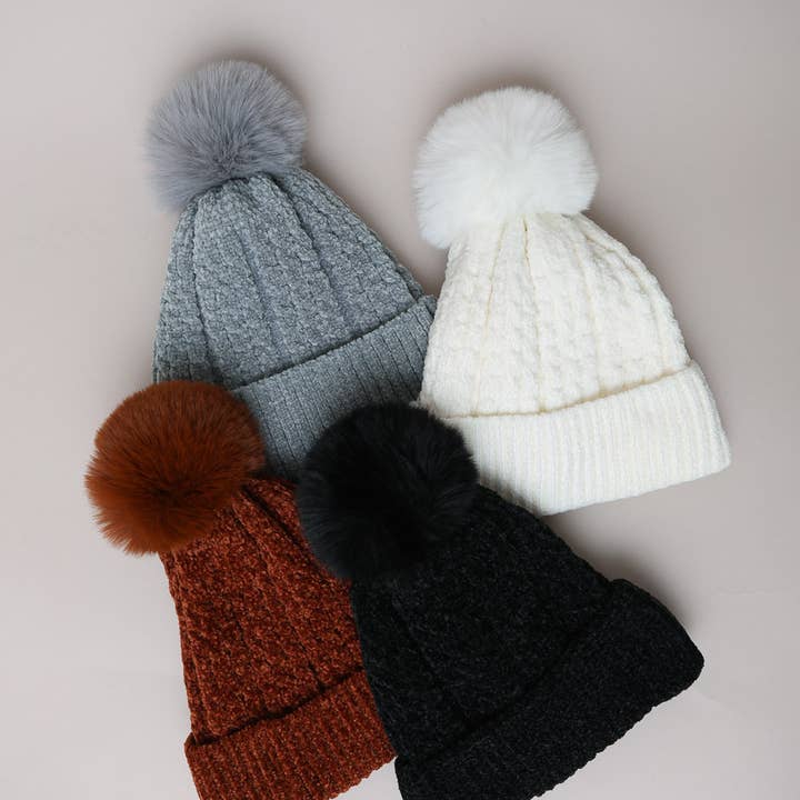 Leto Accessories - Wholesale Beanie - Women's - Velvet Cable Knit Beanie with Pom โ Highest Quality Fabric4