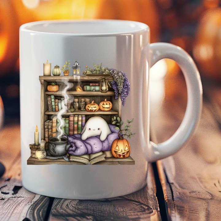 Halloween mug “The Magical Library of Fantomoonette” for wholesale by Les Moonettes