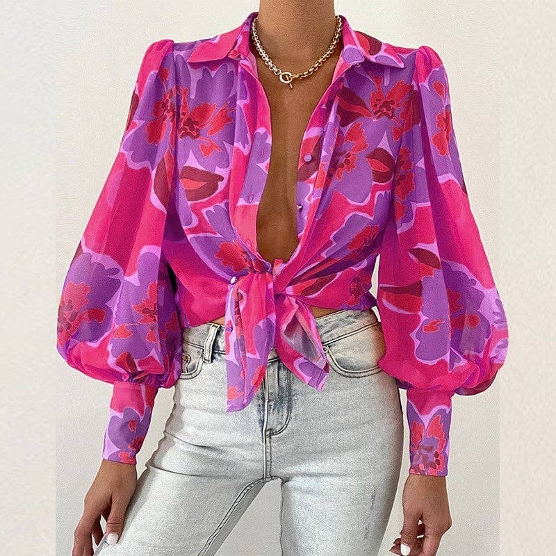 ShieldChic - Wholesale Blouse - Women's - Thin Puff Sleeves Lapel Print Blouse1