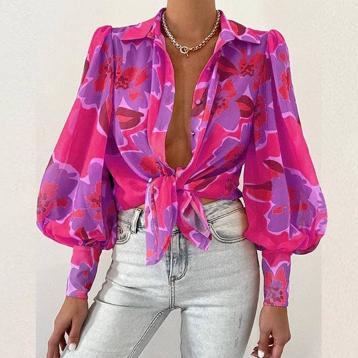 ShieldChic - Wholesale Blouse - Women's - Thin Puff Sleeves Lapel Print Blouse1