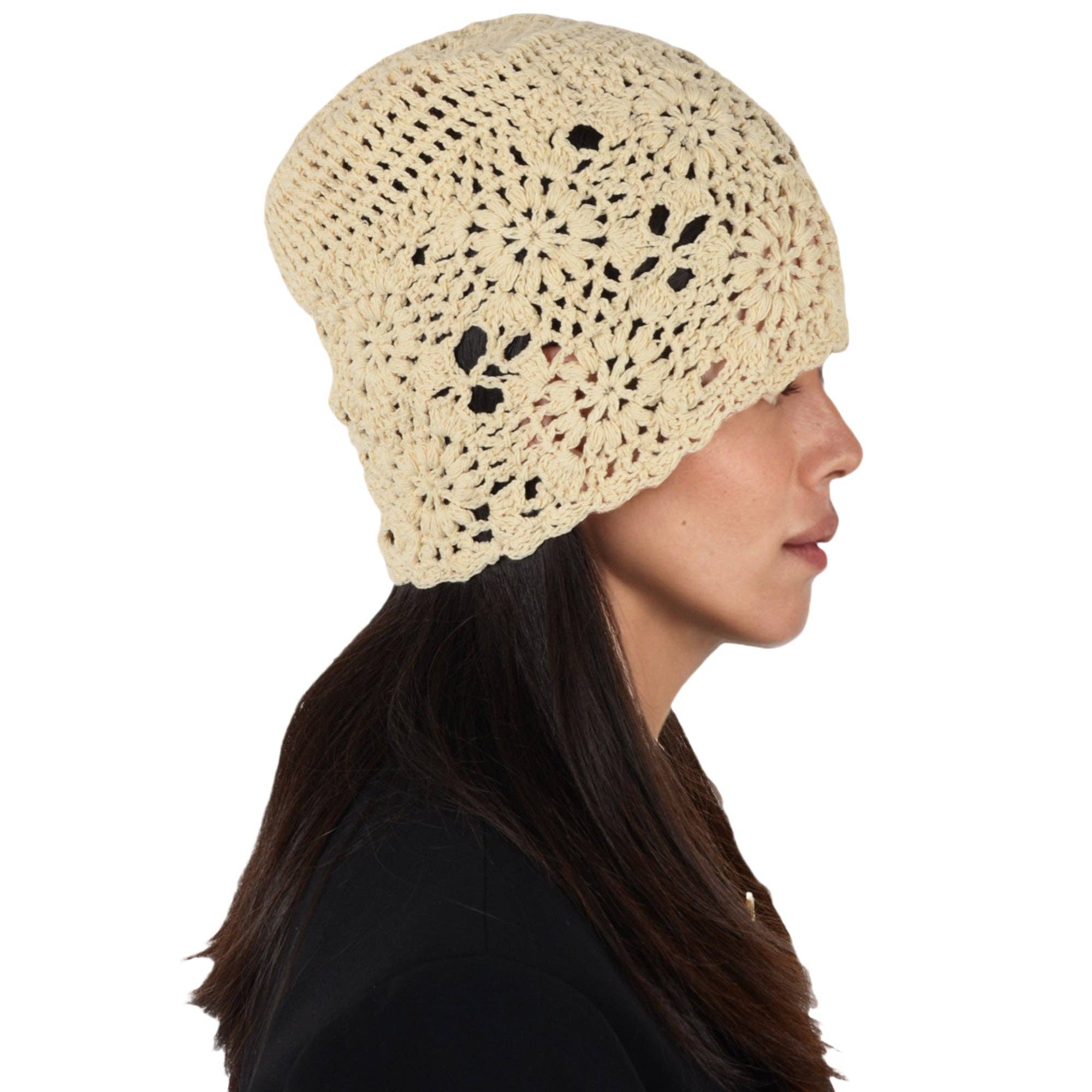 AK Brand - Wholesale Beanie - Women's - Crochet Floral Slouchy Beanie Knit Cutout Skull Cap Women1