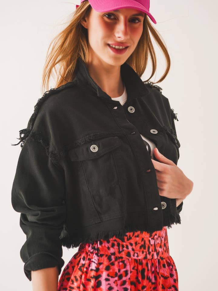 Cropped denim trucker jacket in black for wholesale by Q2—All Orders:Free Duties for the US,UK,and Canada