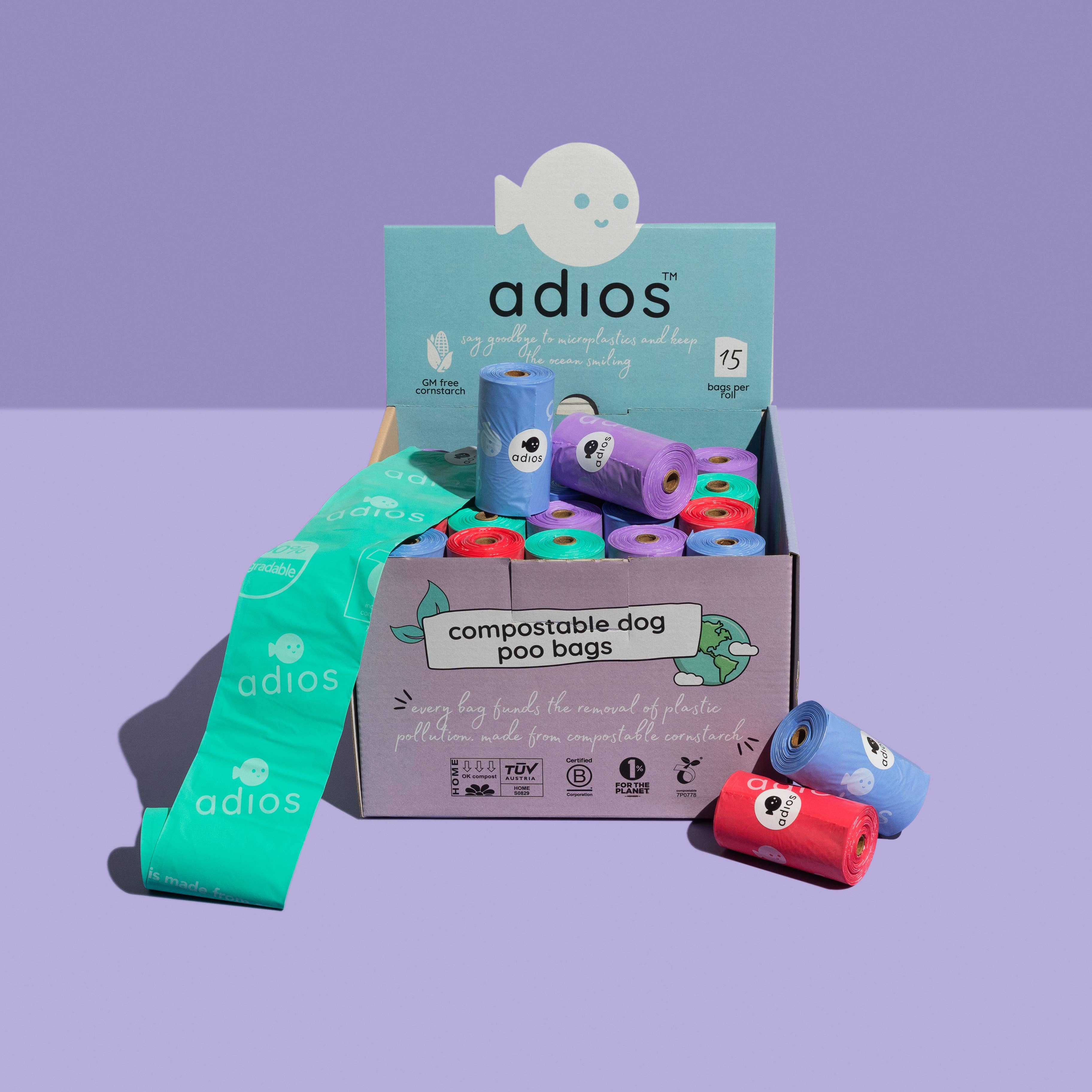 Adios Plastic – wholesale Pet poo bag – Compostable Poo Bags Counter Top Display - 50 Rolls/750 bags1