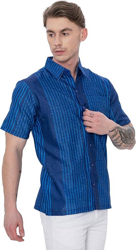 Blue HAPPY BAY  Linen Effect Mens Shirts Red Stripes P00437 for wholesale on Faire3