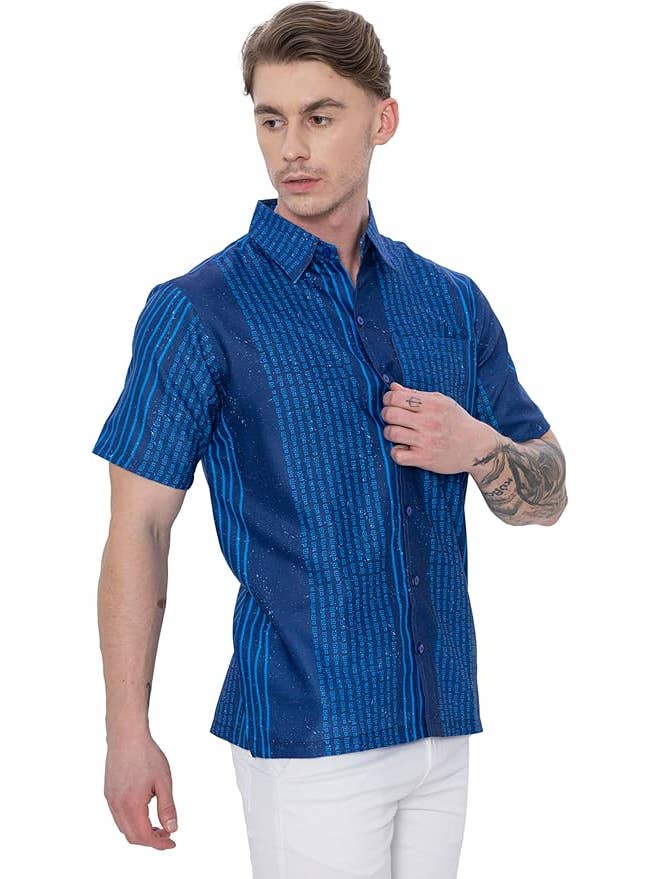 Blue HAPPY BAY Linen Effect Mens Shirts Red Stripes P00437 for wholesale on Faire3