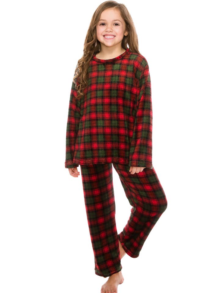 FOREST GREEN RED Kids Royal Stewart Plaid Microfleece Pajama Set for wholesale on Faire