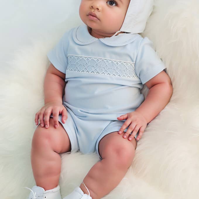 Baby Boys Light Blue Geo Smocked Bubble With Bonnet for wholesale by Hello Bebes!