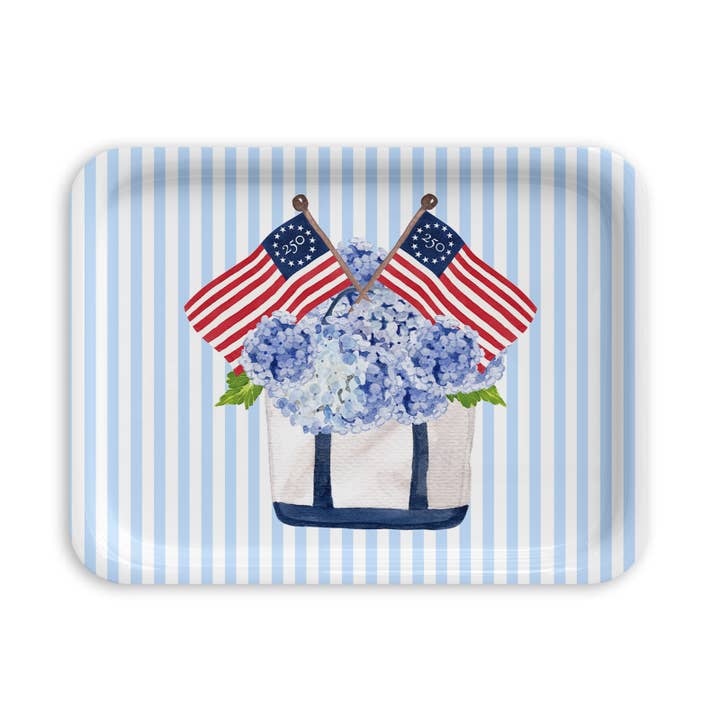 Freedom250® Patriotic Hydrangea Tote Serving Tray: 3 Sizes for wholesale by The Muddy Dog
