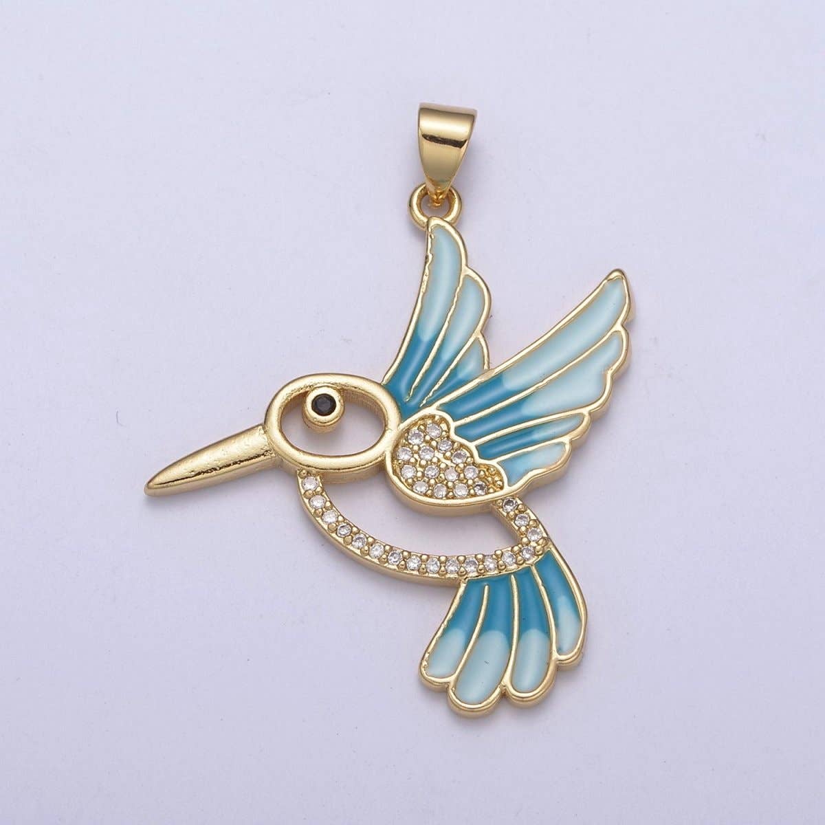 Aim Eternal - Wholesale Individual Charm/Pendant - Blue Enamel Gold Hummingbird Charm 14k Gold Filled Humming Bird Pendant 38mmx31mm gold Cz Animal jewelry H-101