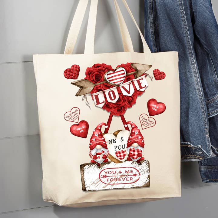 Valentine Love Gnome Red Hearts katoenen draagtas van 12 oz voor wholesale door Avery Lane Gifts