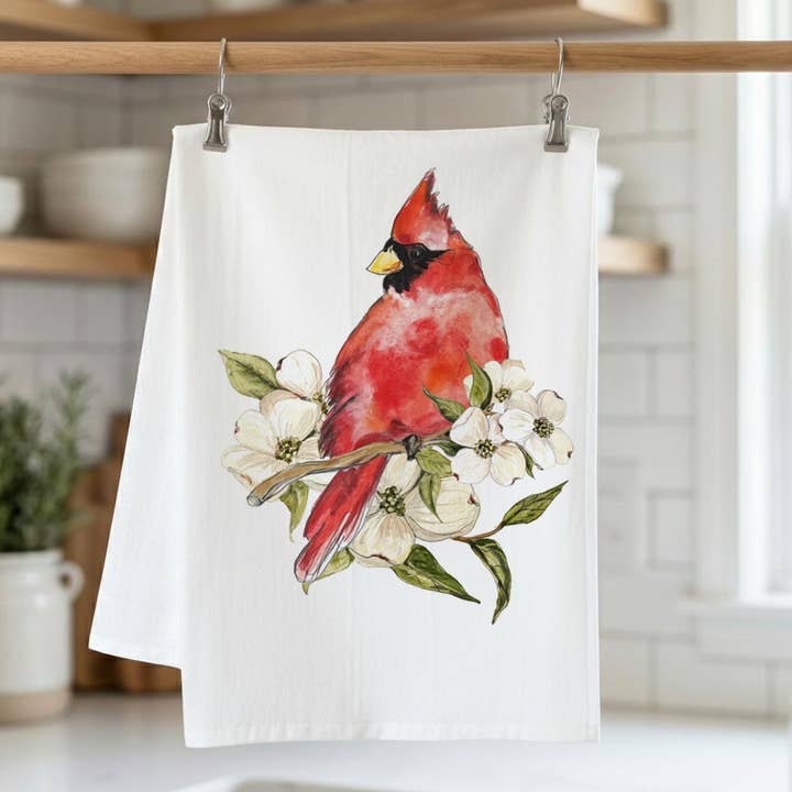 Cardinal with Flowering Dogwood Kitchen Towel for wholesale by Pamela Cassidy Designs