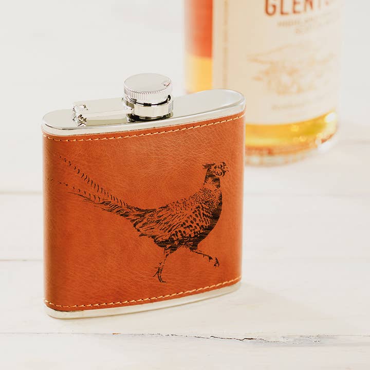 Pheasant Engraved Leather Wrapped Hipflask for wholesale by Selbrae House Ltd