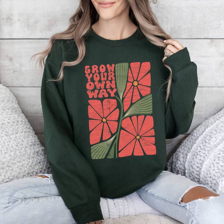 Refinery Number One LLC - Wholesale Graphic Sweatshirt - Women's - Grow Your Own Way, Retro Flowers Sweatshirt