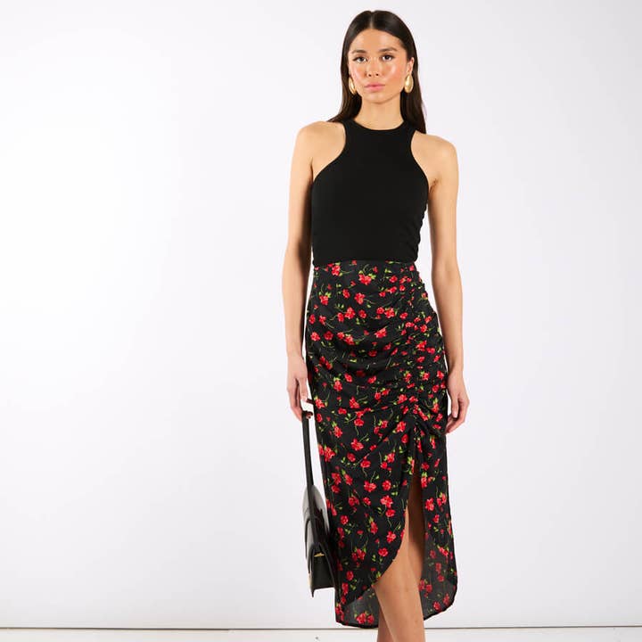 Black Floral Ruche Side Midi Skirt for wholesale by Needs No Label