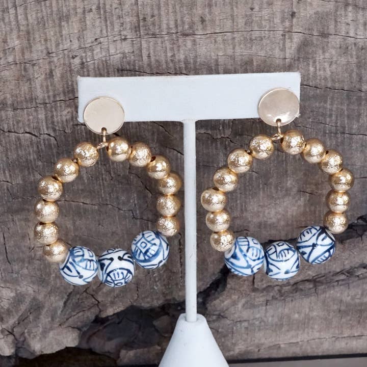 PennyLine inc - Wholesale Dangle Earrings - Chinoiserie Beaded Hoop Circle Drop Statement Earrings – Gold Tone