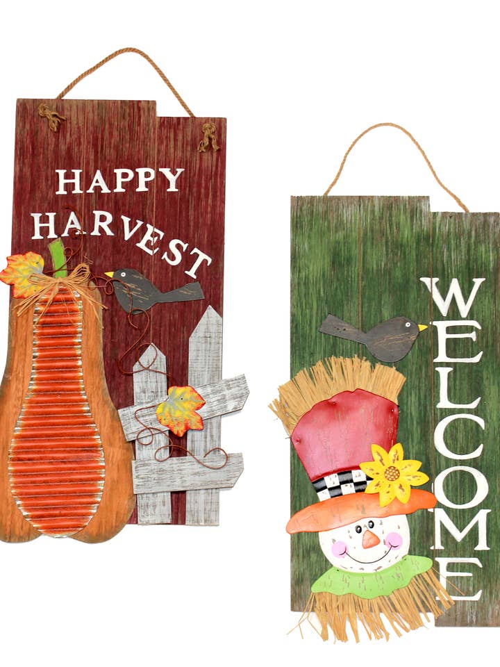 20" Happy Harvest And Welcome Wood Hanging Signs for wholesale by WORTH IMPORTS