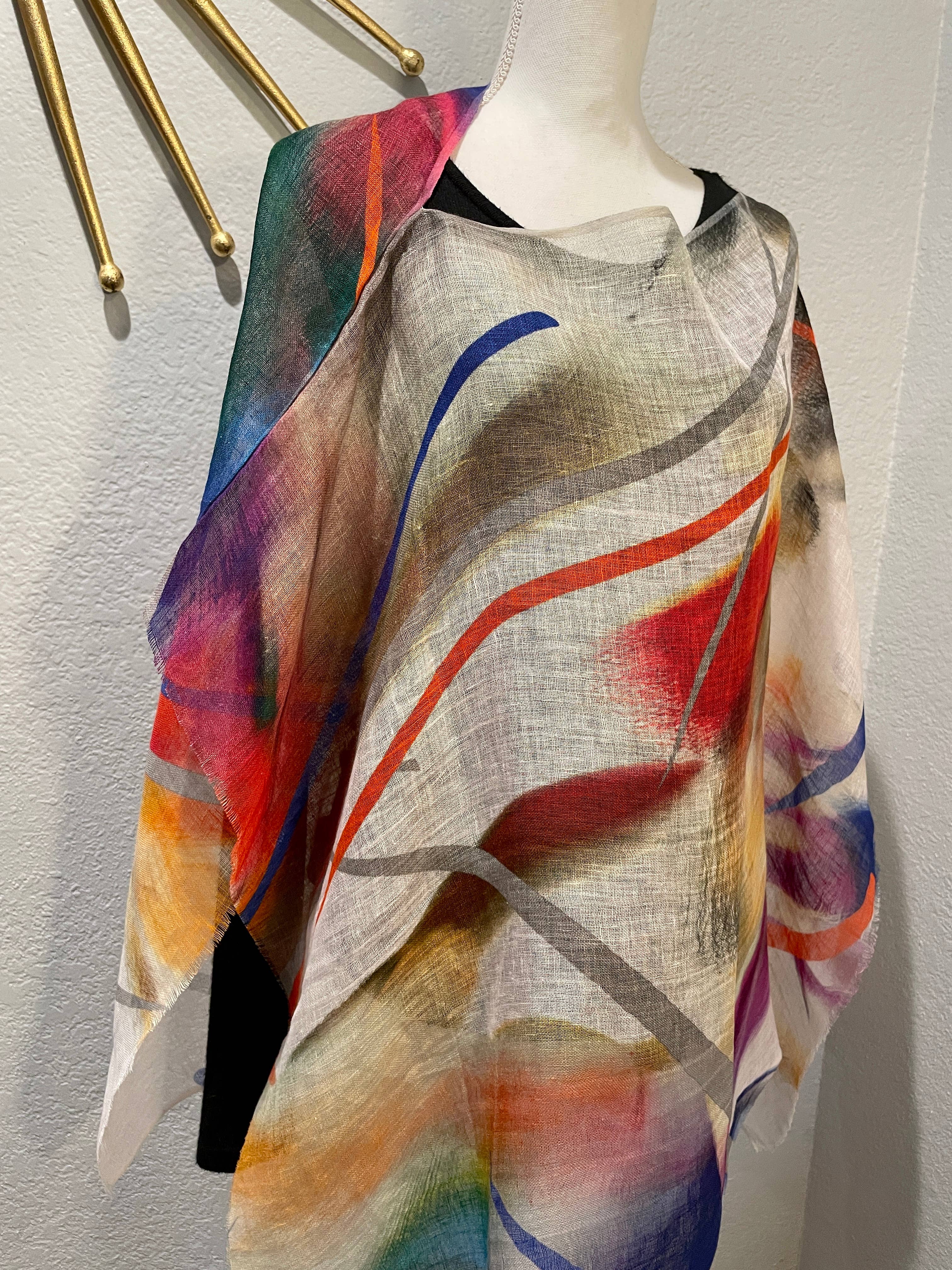 In Style Scarves - Wholesale Poncho - Women's - 732/C Linen Poncho/Cape in Abstract Watercolor Patterns1