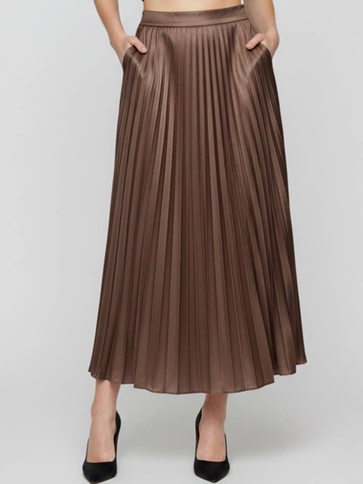 Ladies Stain Solid Color Pleated Midi Skirt for wholesale by Sweetkama