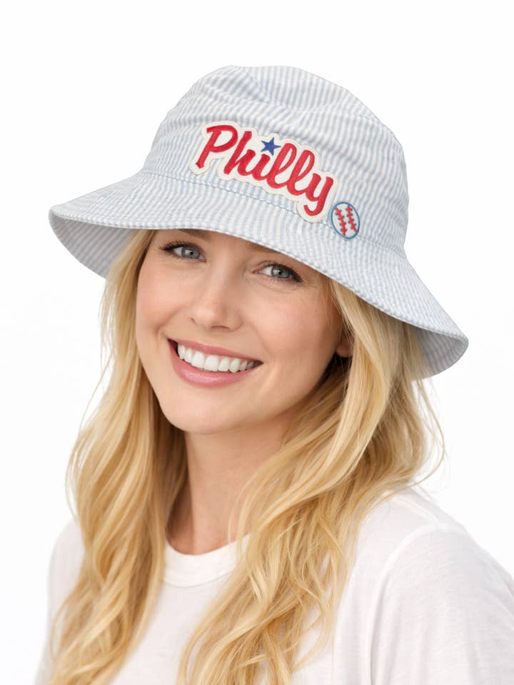 Seersucker Philly Star Bucket Hat for wholesale by Just C