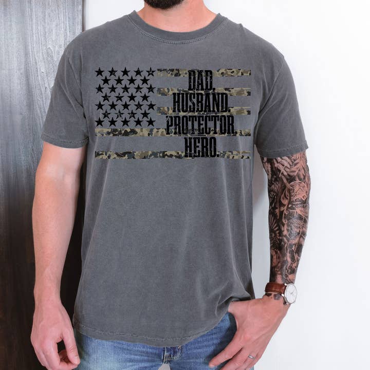 Dad Husband Protector Hero Camo Flag Tee for wholesale by Trendy Tee Co.