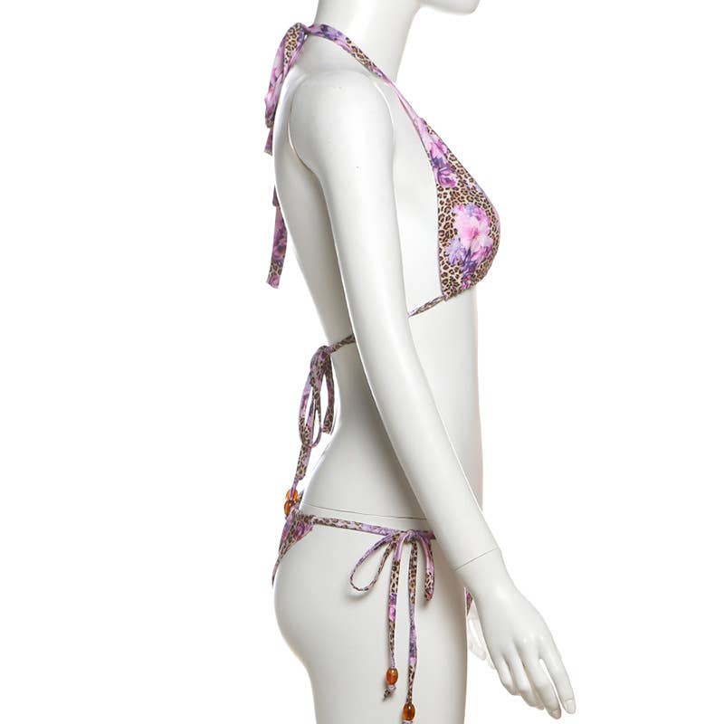 Lily Clothing - Wholesale Two Piece Swimsuit - Women's - Leopard Floral Halter Tie Bikini Set8