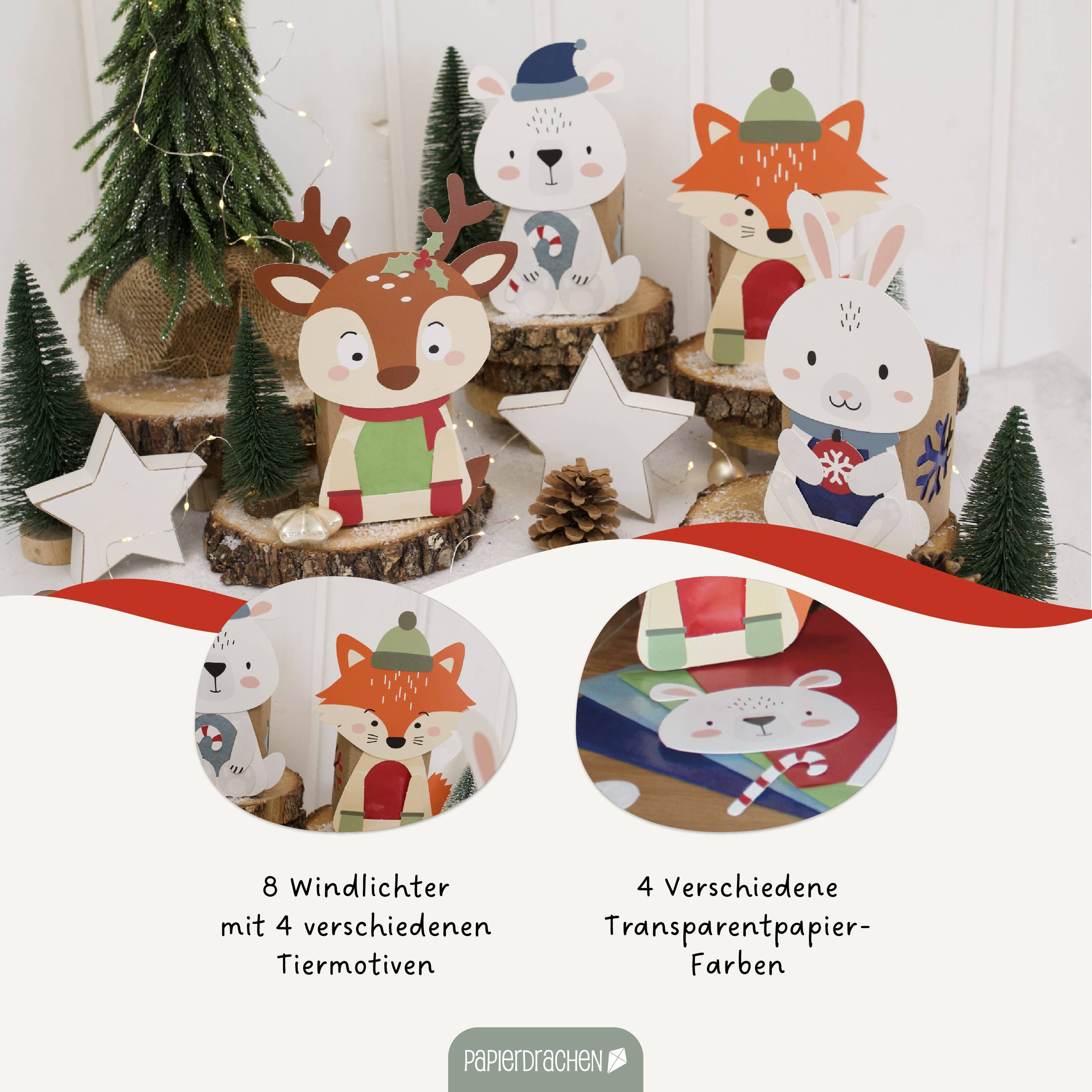 Papierdrachen – Großhandel Bastelset – Kinder – Windlichter Wintertiere - Set 011