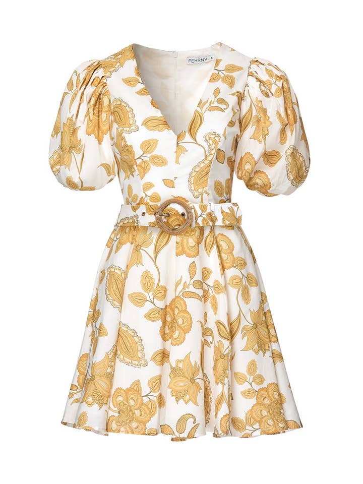 MINI BALLONGÄRMAD KLÄNNING - PAISLEYTRYCK GYLLENE för wholesale av Sofia Irina