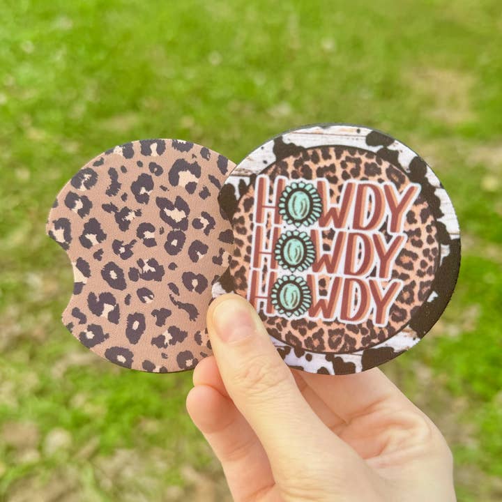 Brown Leopard Western Howdy Neoprene Car Coasters for wholesale by XO Wholesale