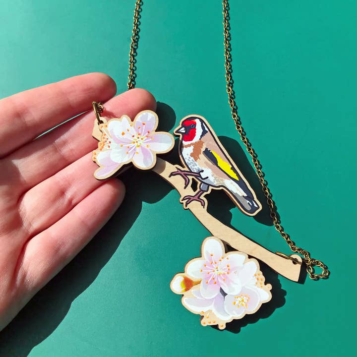 Loadofolbobbins - Wholesale Pendant/Charm Necklace - Goldfinch and Cherry Blossom Bird Necklace4