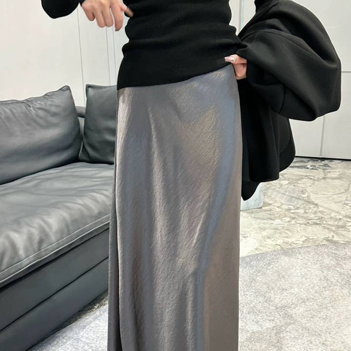 Satin Fishtail Maxi Skirt in Liquid Shine for Elegant Minimal Silhouettes for wholesale by Serene Couture