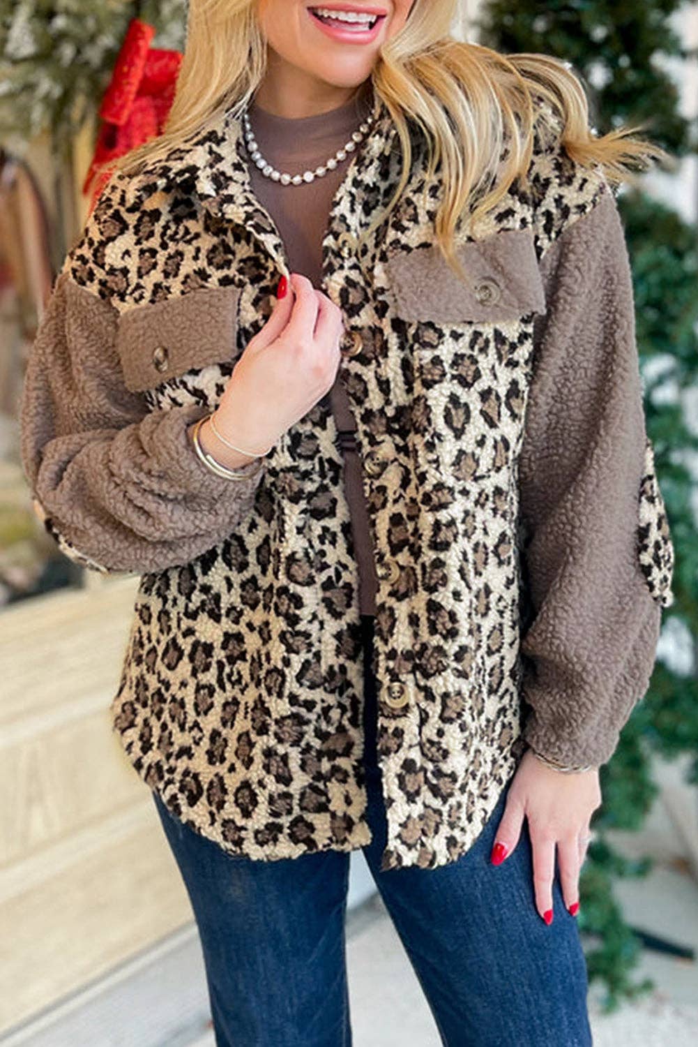 Brown Sherpa Leopard Print Flap Pocket Collared Button Up Jacket for wholesale on Faire3