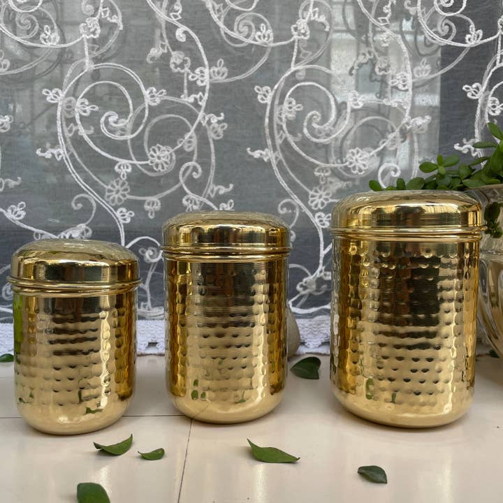 11-Piece Brass Hammered Canister Set | Airtight Pantry Storage Containers for wholesale by SAMA Homes