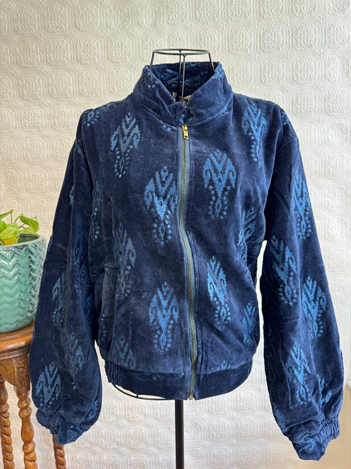 Elegant Royal Navy Ikkat Luxury Embroidered Velvet Tonal Boho Bomber Jacket for wholesale on Faire