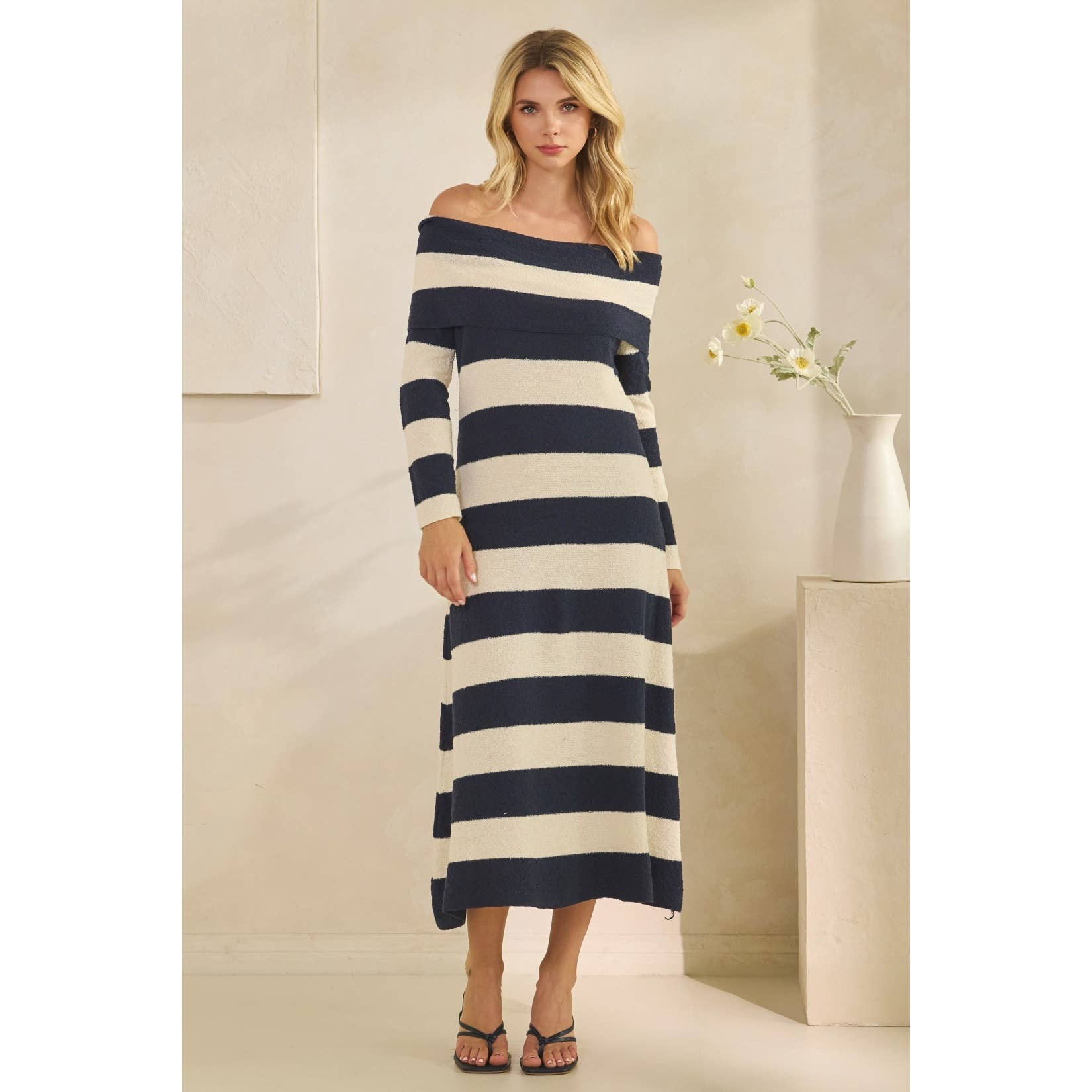 Veveret - Wholesale Dress - Women's - Texture Knit Off-Shoulder Wide Stripe Long Dress 16